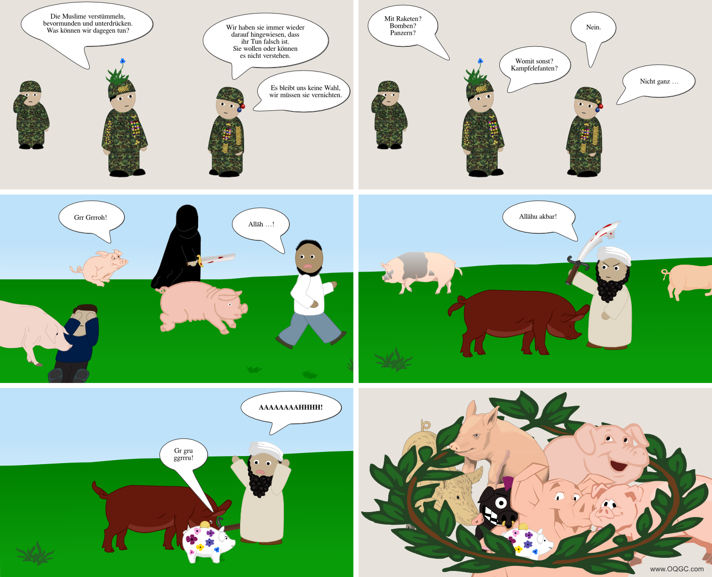 Islam, Islamismus, Muslime, Angriff, Bevormundung, Unterdrückung, Beschneidung, Verstümmelung, Genitalverstümmelung, bekämpfen, Verteidigung, Militär, Armee, Soldaten, Schweine, Sparschweine, Sparsäuli, piggybank, piggy bank, Allah, Glaube, Religion, Terror, Terrorismus, Terroranschlag, Islamischer Staat, Attentat, Anschlag, köpfen, geköpft, daesh, daesch, daech